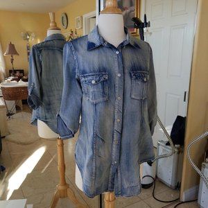 100% cotton tunic snap button light blue denim  style blouse